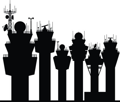 Airport Control Tower Silhouette Collection with Radar Equipment and Aviation Communication Structures