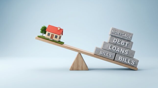 Balanced scale showing house versus mortgage debt and bills