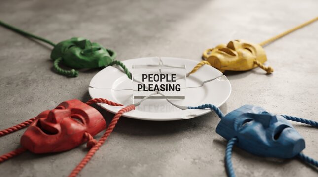 Funny people pleasing illustration with characters and speech bubble