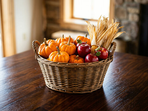 A rustic wicker basket filled with mini pumpkins, red apples, and dried corn husks on a wooden table.