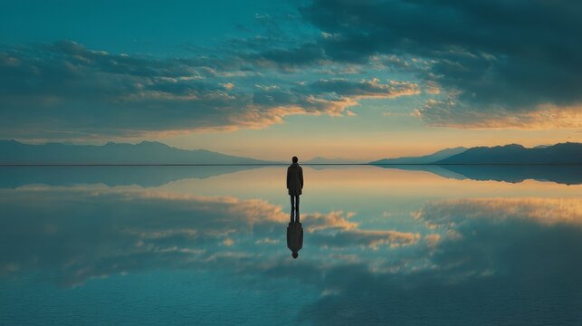 Minimalist salt flat landscape with solitary person silhouette, mirror reflection in calm water under cinematic sky, serene twilight horizon.