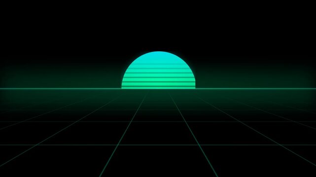 Synthwave horizon graphic depicting a glowing teal sun and grid landscape in dark night setting.