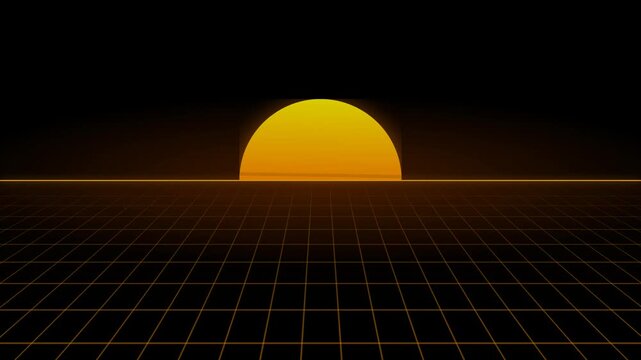 Golden sun rises above a glowing yellow wireframe grid extending toward a black background.