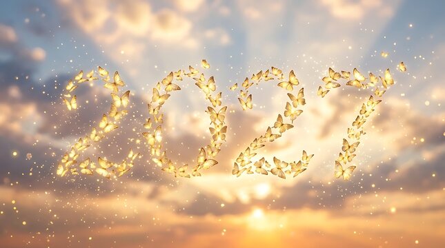 Golden 2024 text over a colorful abstract cloud and sky background