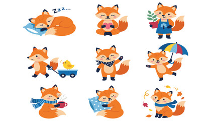 Obraz premium Cute cartoon fox character actions vector set. Sleeping on pillow, holding heart, gardening, pulling wagon, waving, dancing with umbrella, and drinking coffee.