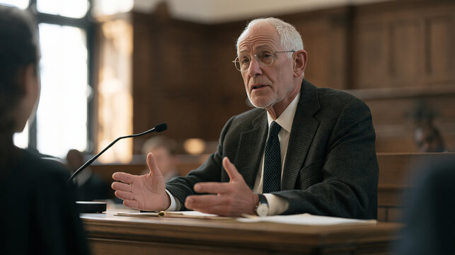 A retired judge leading a law school moot court session from a raised bench, correcting a standing student's oral argument structure, the weight of legal knowledge transfer