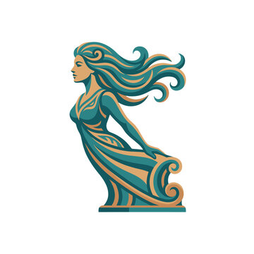 Carved wooden ship figurehead of a maiden with flowing hair and gown