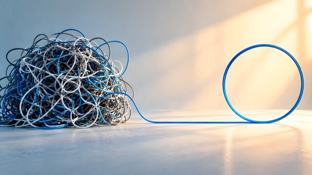 Problem solving and simplification concept with tangled messy wire transforming into a perfect straight circle