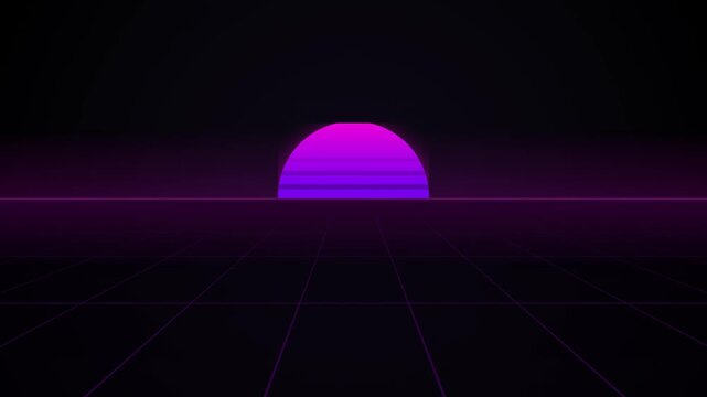 Neon sun sets over a digital grid in a vibrant cyberpunk landscape graphic.