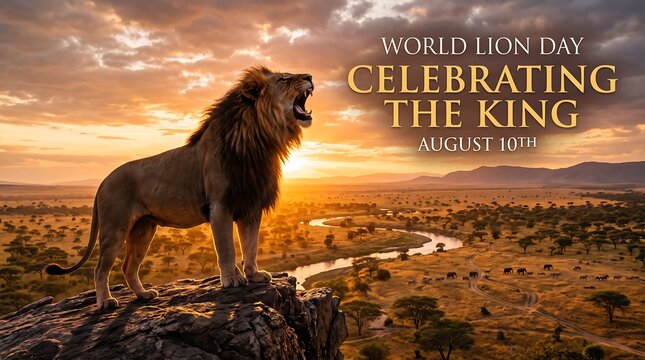 World Lion Day celebrating the king banner, majestic male lion roaring at sunset on rock peak, African savanna landscape poster