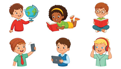 Fototapeta premium Cute diverse children studying and using digital gadgets vector set. Reading book, globe, smartphone, tablet, headphones and modern education.