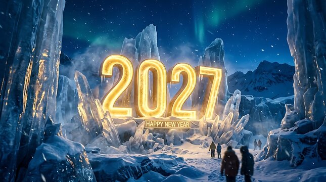 Futuristic cityscape with glowing 2027 new year celebration and silhouetted people