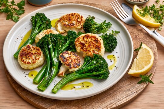 Roasted broccoli and cauliflower with lemon and olive oil