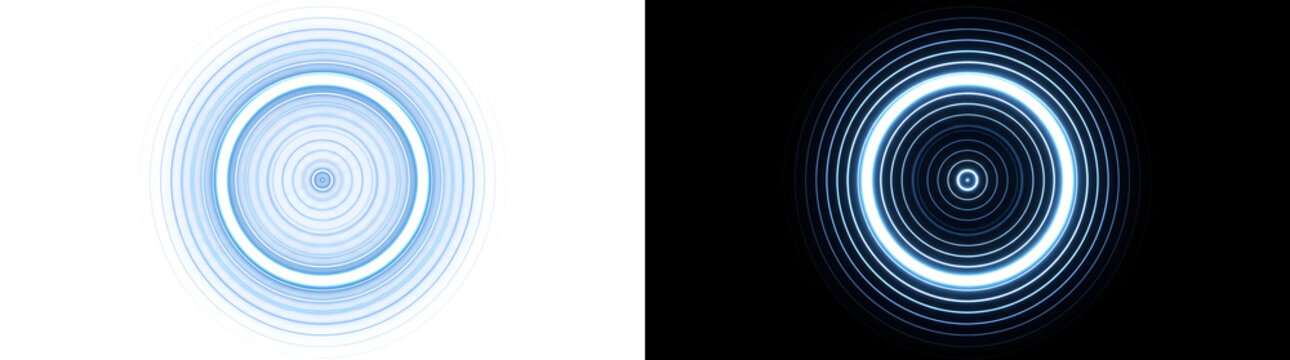 Blue Concentric circles glowing outward in a radar like ripple pattern useful for technology designs with PNG, Transparent and Black Background Versions