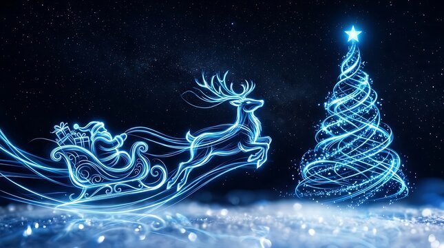 Digital christmas scene featuring santa's sleigh and glowing christmas tree