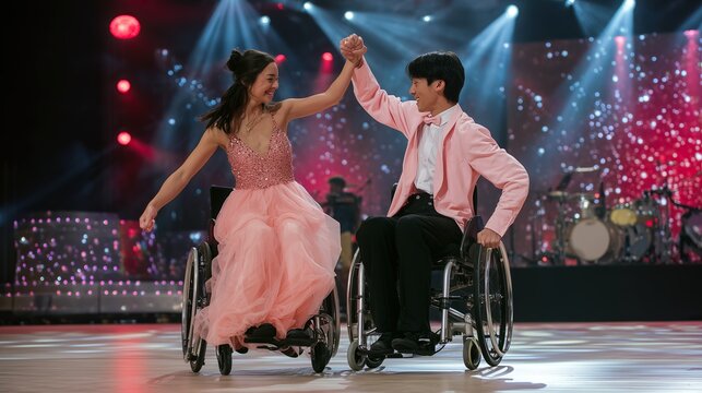 A joyful young woman in a pink sparkly dress and a smiling young man in a pink jacket, both in wheelchairs, hold hands and dance on a vibrant stage. 