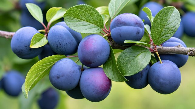 Ripe purple plums growing on a tree branch