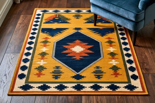 Geometric Southwestern style rug with armchair on wood floor