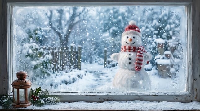Winter window display featuring a snowman and snowy landscape scene