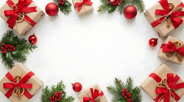 Festive christmas frame with gifts ornaments and evergreen branches on white background
