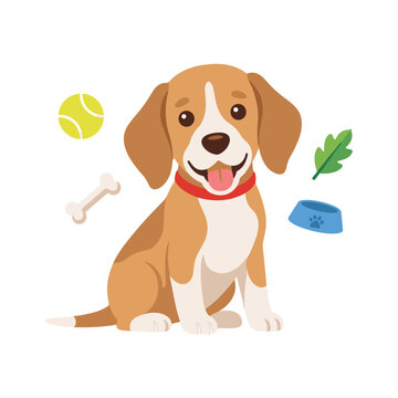 Cute beagle puppy vector illustration with toys