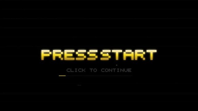 Retro Pixel Art Game Start Screen with 'PRESS START' and 'Click to Continue' Message