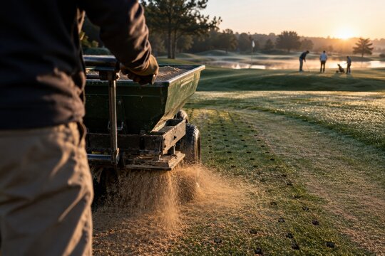 Groundskeeper topdressing a golf course green at sunrise