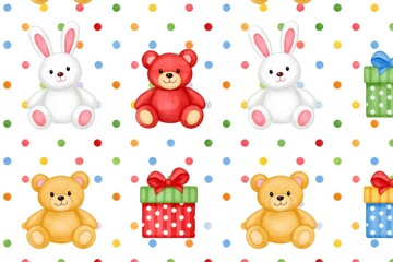 Obraz premium Seamless pattern with cute watercolor teddy bears and rabbits