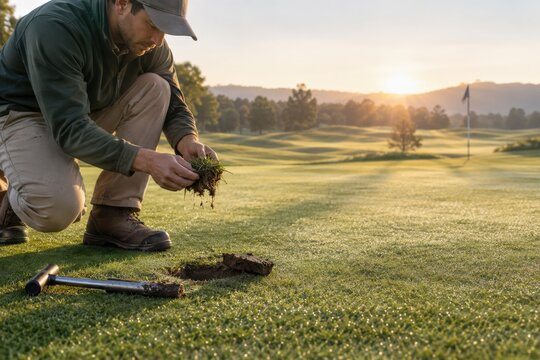 Golf course greenskeeper examining turf core sample at sunrise.