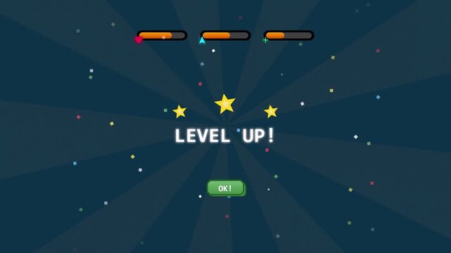Digital game level up screen with stars, progress bars, and celebration confetti on a dark background