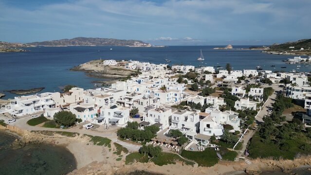 Panoramic Aerial View Of Pollonia Harbor And Village, Milos, Greece