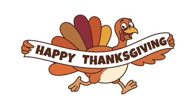 A cheerful cartoon turkey character running and holding a Happy Thanksgiving banner, isolated on a white background for festive holiday designs.