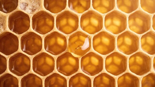 Fresh Organic Honey Dripping from Hexagon Honeycomb Structure