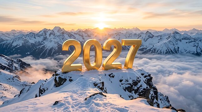 Golden 2027 new year numbers floating above winter landscape at sunrise