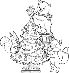 Obraz premium Cute Christmas Coloring Illustration with Bear Squirrel and Fox Decorating Festive Tree with Ornaments Star and Holiday Decorations