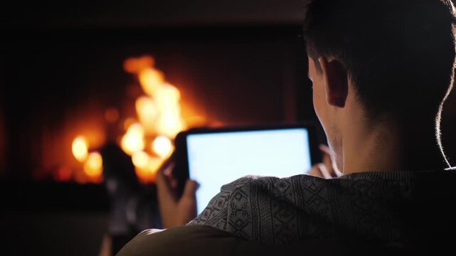 Young man using digital tablet with blank screen sitting by fireplace at home in evening.