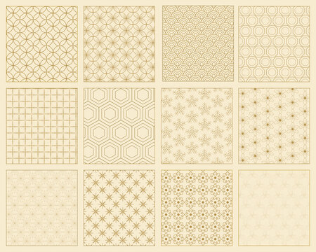 Set of twelve gold geometric patterns on a light beige background