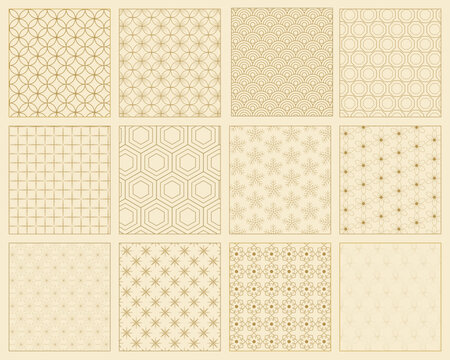 Set of twelve gold geometric patterns on a light beige background