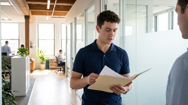 Young Businessman Discussing Documents with Colleague in Modern Office