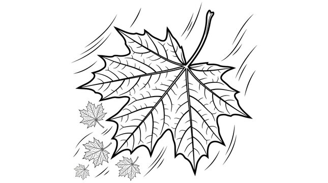 Autumn maple leaf line art illustration, falling leaves blowing in the wind graphic, simple black and white outline vector sketch