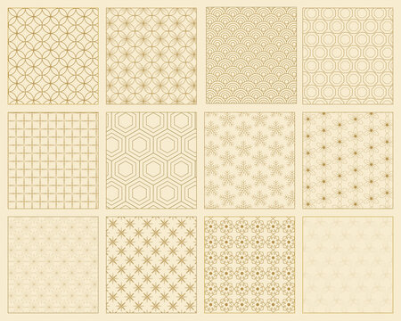Set of twelve gold geometric patterns on a light beige background