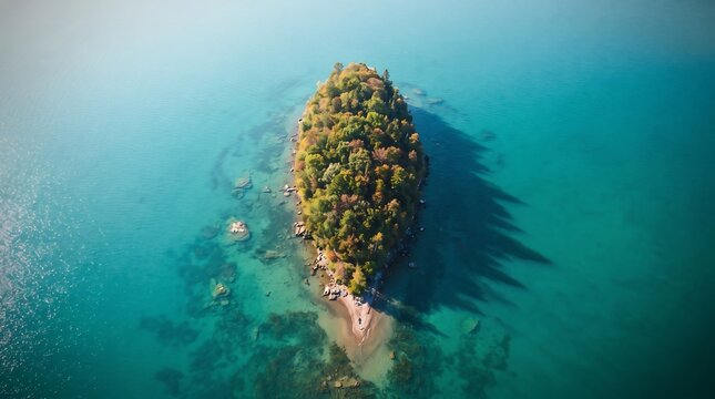 An aerial top-down view of a small, lush green island surrounded by clear turquoise water casting a long shadow.