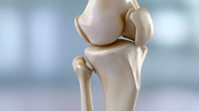 Close up view of human knee joint anatomy showing femur  tibia  and patella bones with smooth bone surfaces and joint alignment
