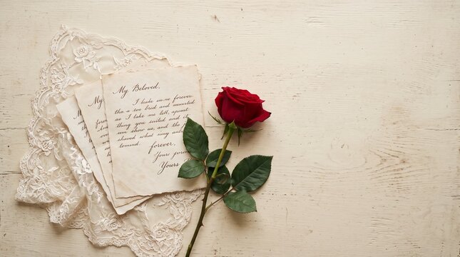 Vintage love letter with red rose and lace on wooden background romantic scene