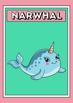 Cute Cartoon Narwhal Whale Sea Creature Educational Flashcard