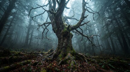 Fototapeta premium An ancient, moss-covered tree with bare, gnarled branches rises dramatically in a dark, foggy pine forest.