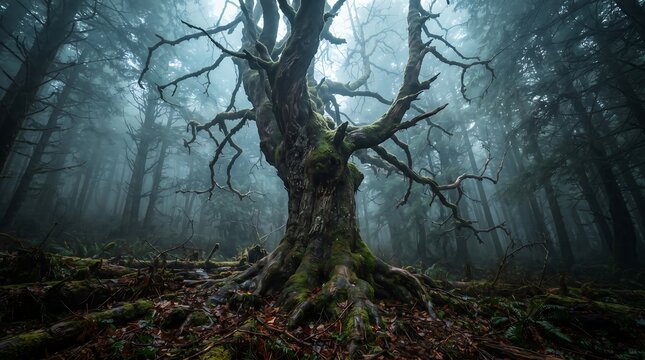 An ancient, moss-covered tree with bare, gnarled branches rises dramatically in a dark, foggy pine forest.