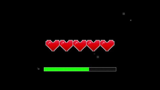 Pixelated Gaming Interface Displaying Health Hearts and Loading Progress Bar on Black Background