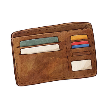 Watercolor Vector Illustration of Brown Leather Wallet with Cards.