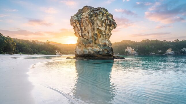 A tall, weathered rock stack stands near a sandy beach at sunrise, reflected in clear, calm ocean waters.